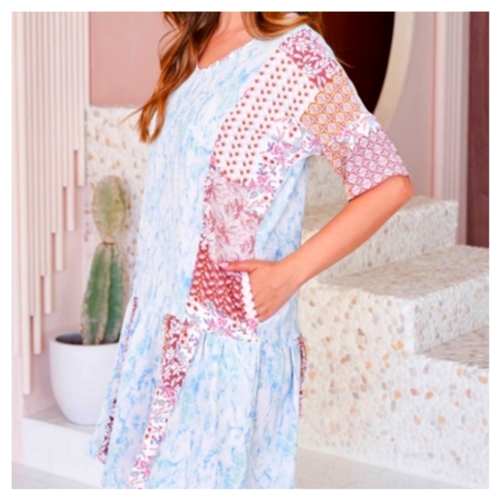 New, Boho Colorful Floral Patchwork Dress with Pockets, XL